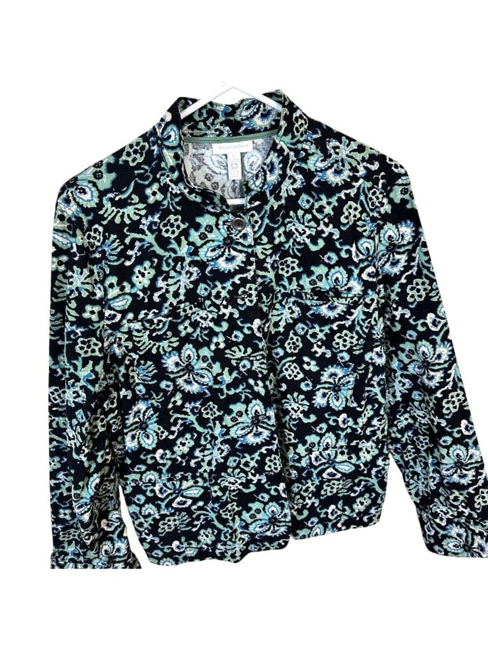 Womans Charter Club Jacket Navy Floral Cotton Blazer Large Button Down